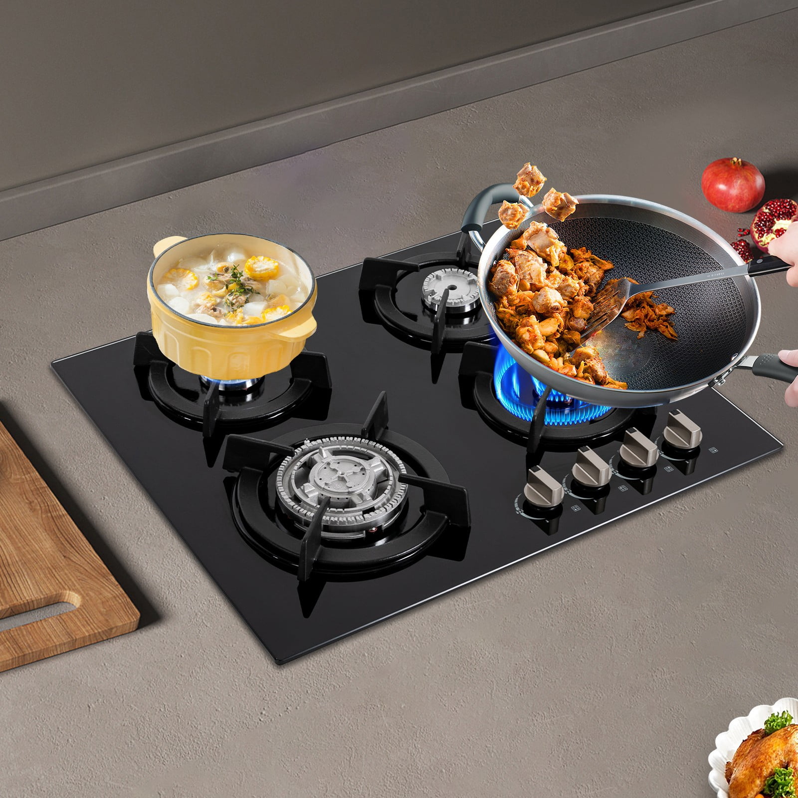 23.23*20.08in Gas Cooktop Stove Top 4 Burners NG/LPG Built-in Kitchen Gas Stove Tempered Glass Black