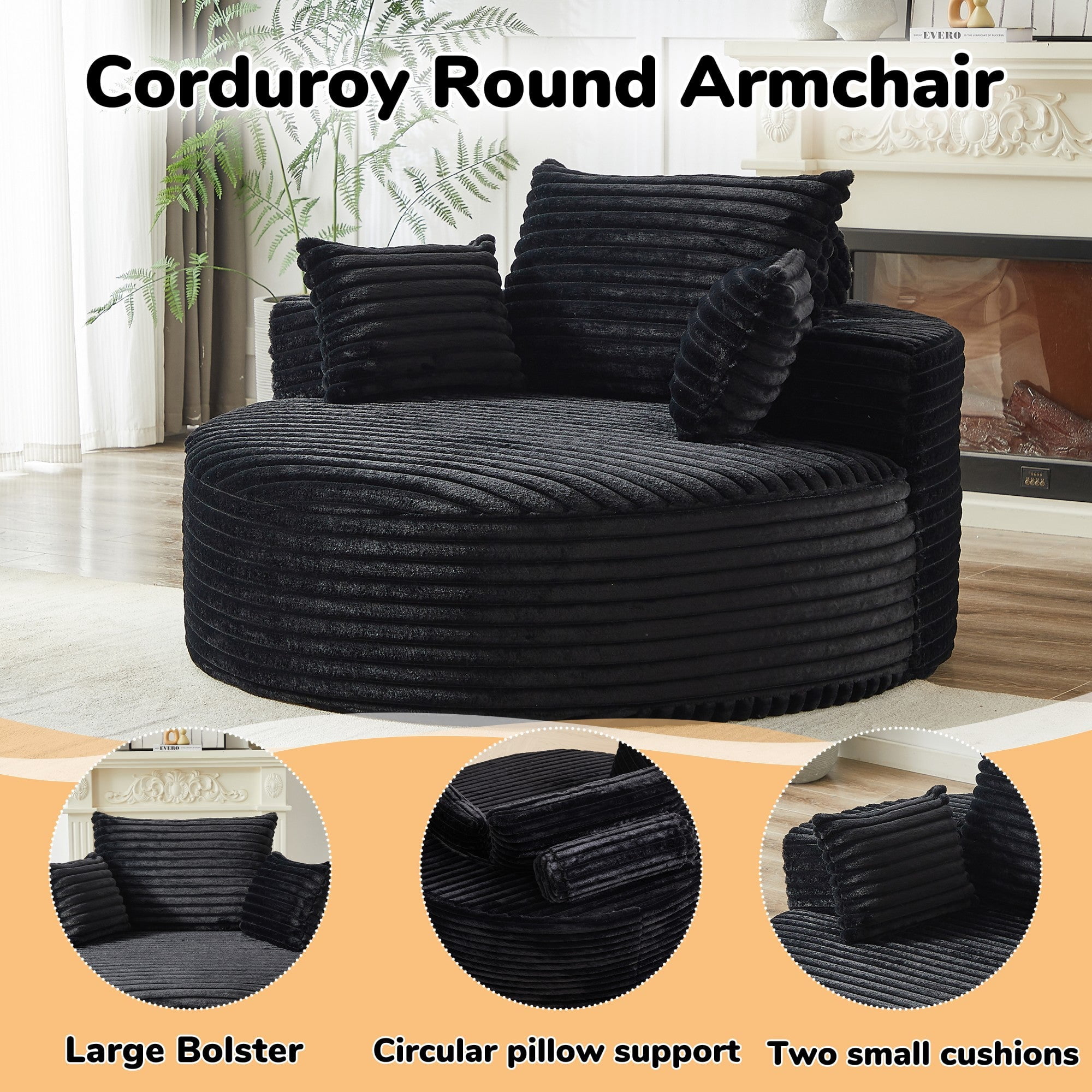 Sailvan 55" Modern Corduroy Single Seater Lounge Chair, Modular Cloud Sofa with Enveloping Pillows, No Assembly Lazy Chair for Living Room Black