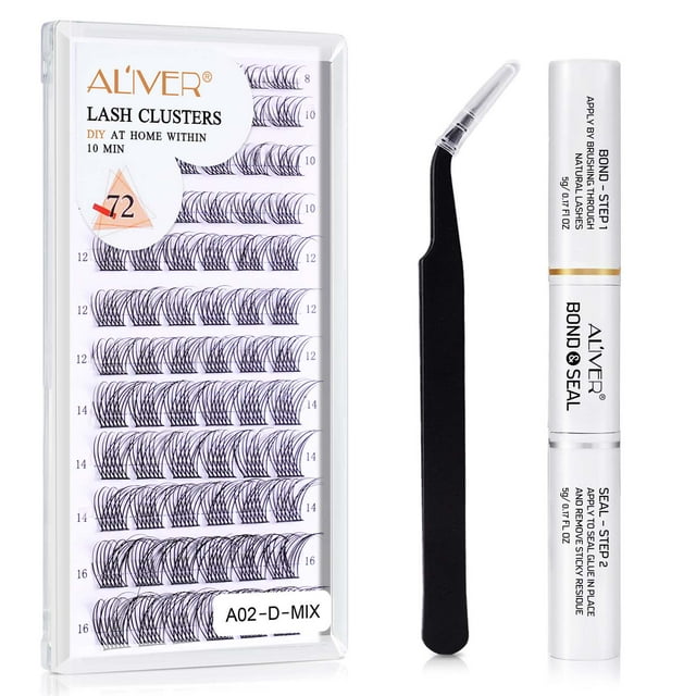 DIY Lash Extension Kit, Lash Cluster 72 Pcs with 72h Strong Hold Lash Bond and Seal + Cluster Eyelashes Applicator Tool Eyelash Extensions Kit for Self Applicator at Home