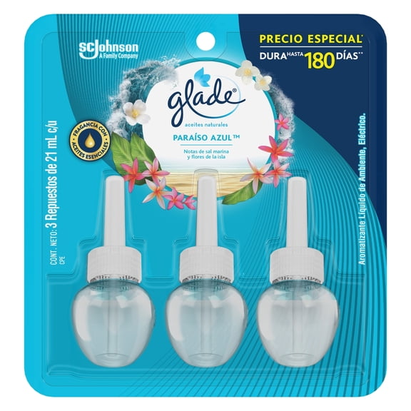 Aromatizante Líquido Eléctrico Glade Aceites Naturales Paraíso Azul 3 Repuestos de 21 ml c/u