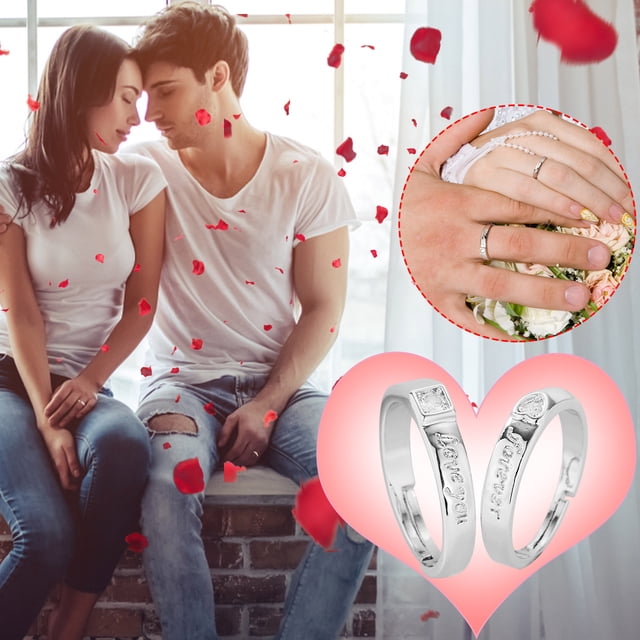 HomeKingdee EKG Zircon Heart-to-Heart Open Couple Rings - Silver-Plated Tone Copper Wedding Bands for Date Anniversary