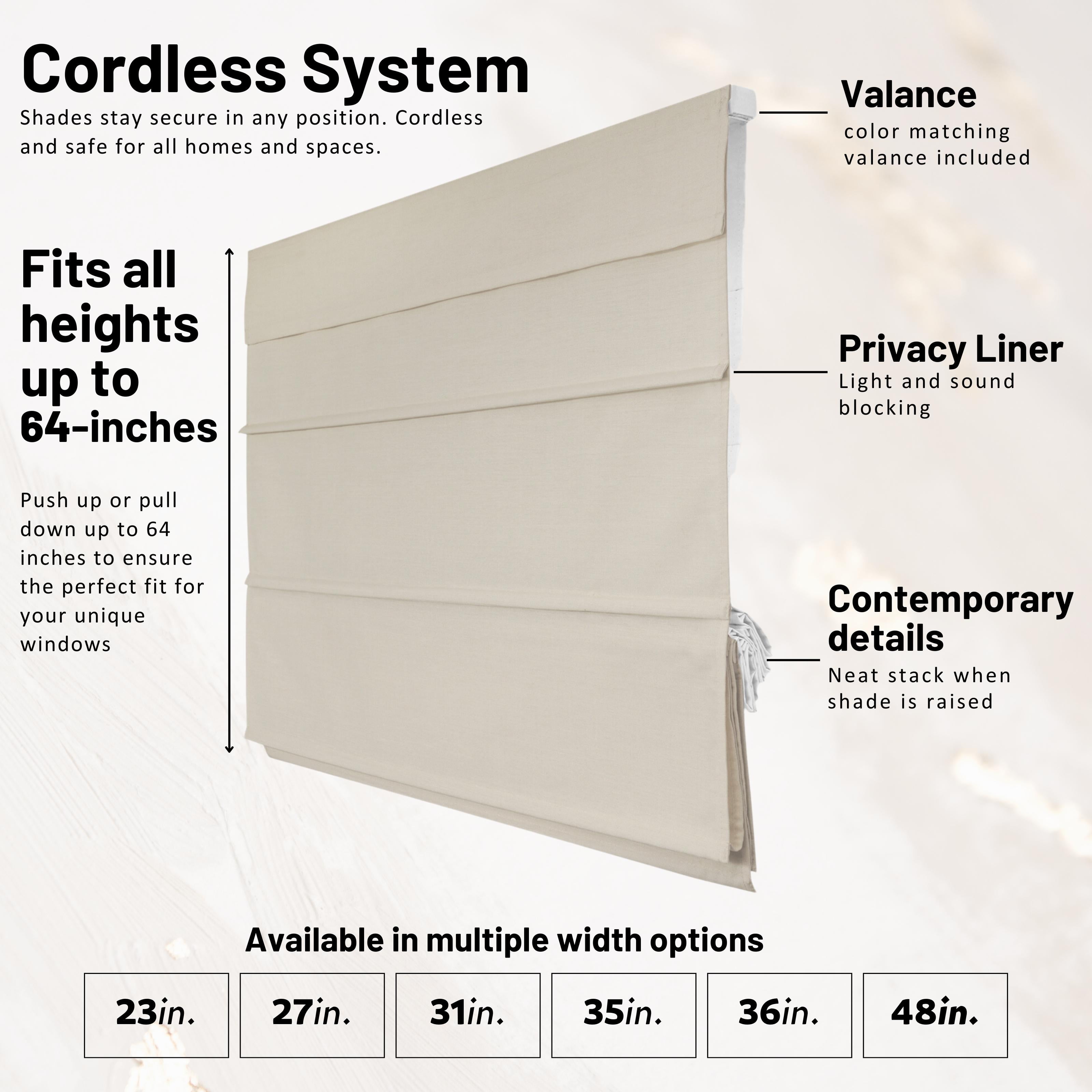 Chicology Cordless Roman Shades, Off White (Blackout), 36"W X 64"H