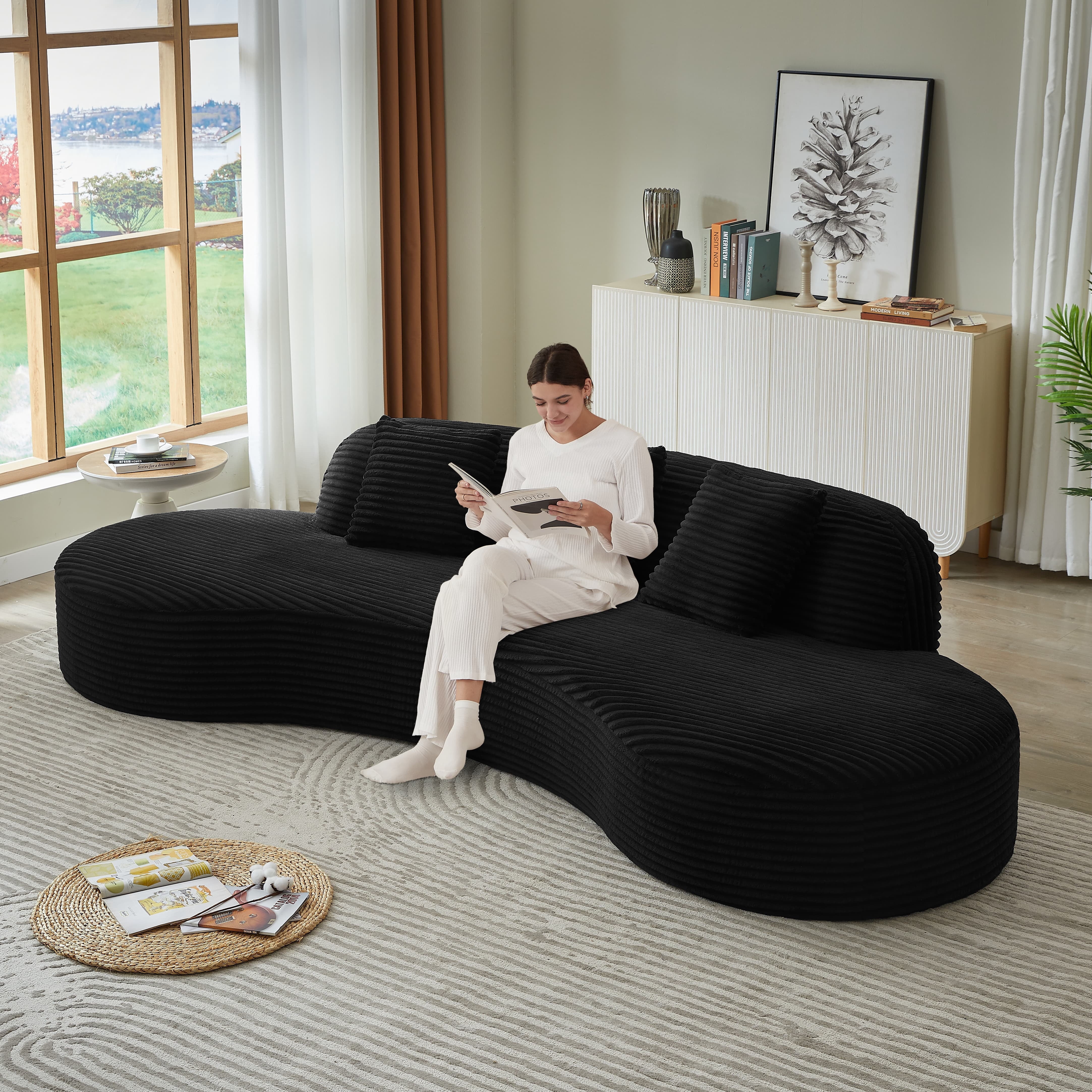 MAYEERTY Compressible Corduroy Curved Sectional Sofa with Scatter Cushions, Oversized for Living Room, 123*53*26"Black