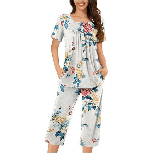 Rbaofujie Pyjamas d'Été pour Femmes Chemisier Décontracté à Boutons Col Rond Manches Courtes Mode Poches Pantalon Ensemble de Pyjamas Mignons