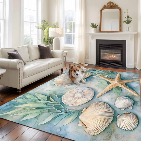 5'x8' Area Rugs, Summer Coastal Indoor Outdoor Area Rug for Living Room Bedroom, Starfish Coral Nautical Shell Ocean Washable Bathroom Rugs Kitchen Floor Carpet Mats Home Decor Aesthetic
