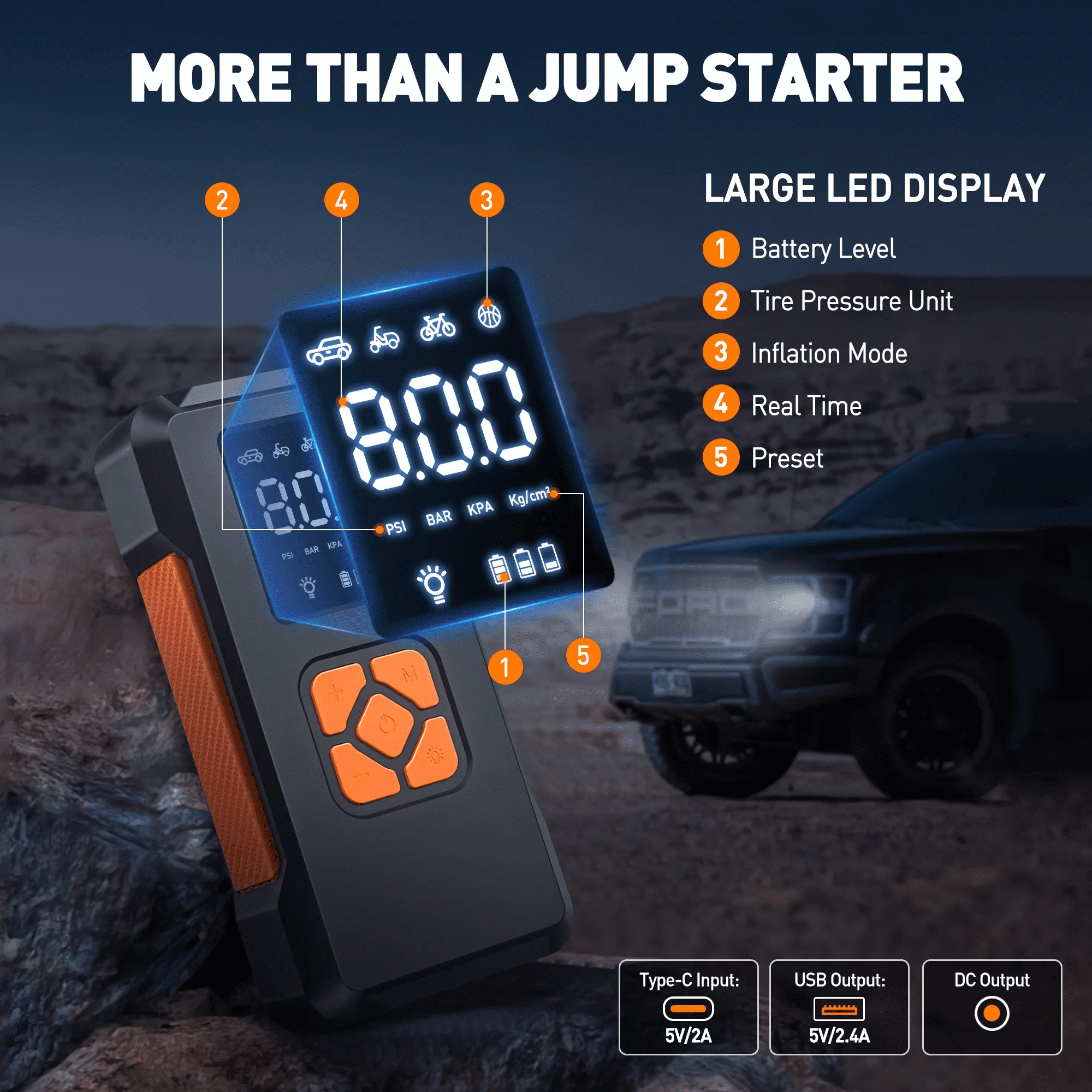 Jump Starter with Air Compressor, 3500A Portable Car Battery Jump Starter with 150PSI Tire Inflator (All Gas/10L Diesel), 12V Jump Box Portable Jumper Cables with LCD Display & Flashlight