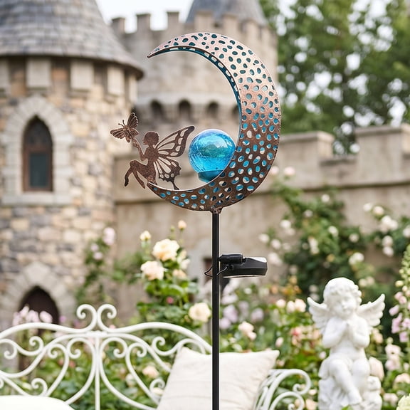 Moon Solar Light Outdoor Garden Stake, Moon Fairy Garden Statue Decor,Metal Light Stake for Patio, Path, Yard and Lawn Ornament,Blue