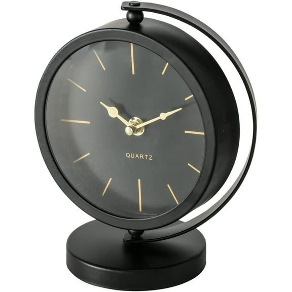 Mid-Century Modern Desktop Clock, Black, Gold Accents, Quartz Movement, Iron, Round, Mounted, Circular Base, 7.75 Inches, 1 AA Battery (Not Included)