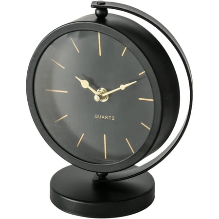Mid-Century Modern Desktop Clock, Black, Gold Accents, Quartz Movement, Iron, Round, Mounted, Circular Base, 7.75 Inches, 1 AA Battery (Not Included)