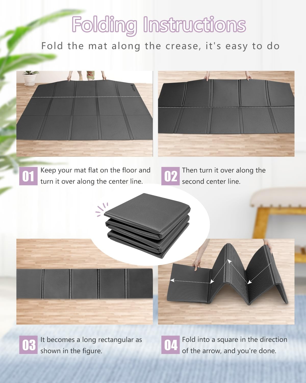 YR Foldable Yoga Mat, Large Thick Folding Exercise Mats for Travel Home Gym Fitness, TPE 10mm Black