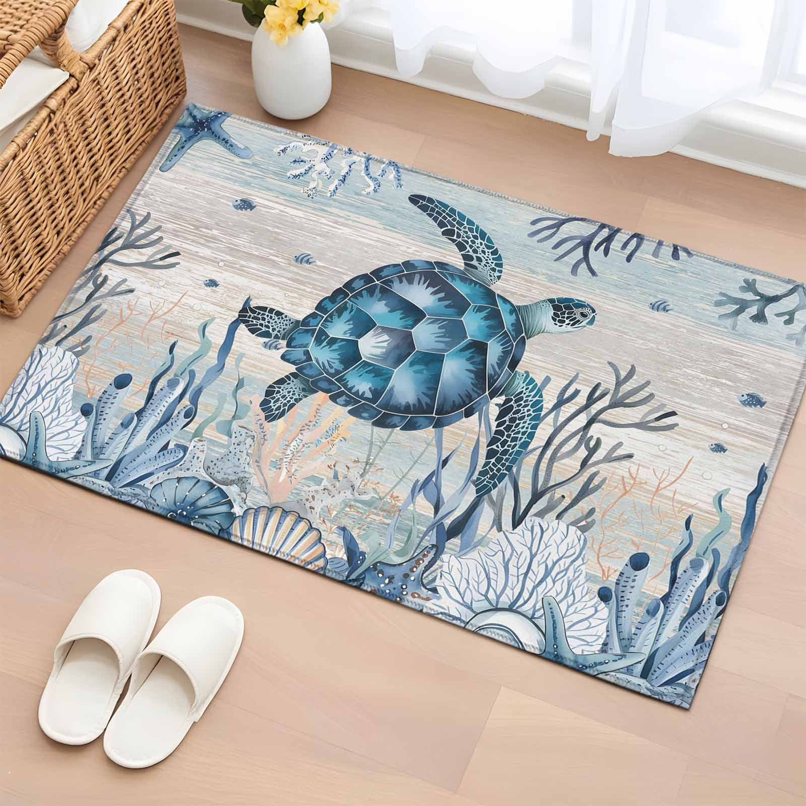 Sea Turtles Washable Small Entryway Area Rugs 2 x3 Marine Life Corals Shell Starfish Ocean Vintage Low Pile Throw Rug Non-Slip Sturdy Edge Binding Carpet for Front Door Floor Room Entry