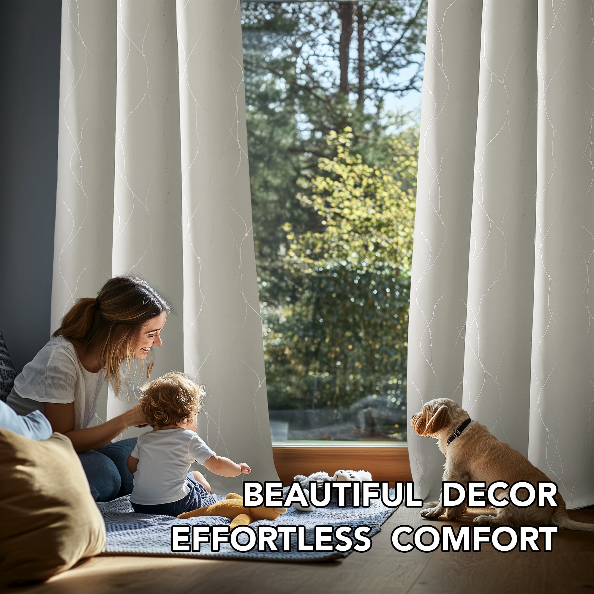 Deconovo Silver Printed Blackout Curtains - 2 Panels, Wave Dots Pattern, Grommet Top, 52"x84", Thermal Insulated Drapes for Bedroom & Living Room, Cream