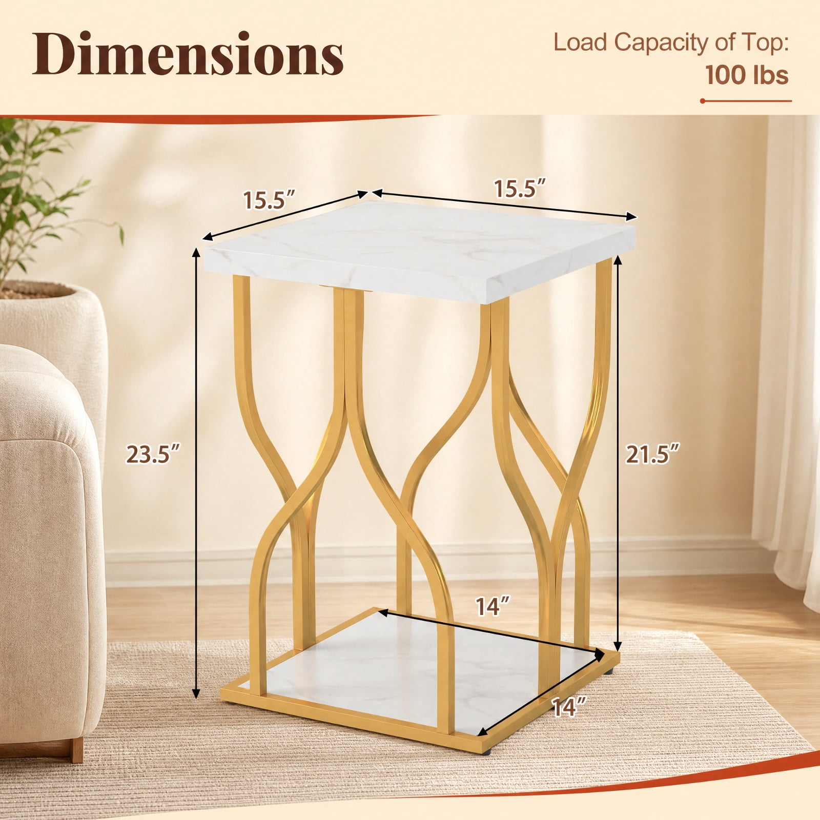 Furnibear Faux Marble Bedside Night Stand with Petal-Inspired Metal Frame for Bedroom Living Room Bedside Sofa Side Small Space, White