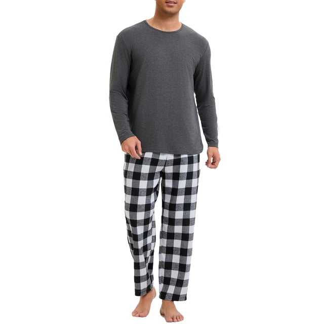 INSPIRAR CHIC Conjunto de Pijamas de Dos Piezas de Manga Larga de Color Sólido para Hombre con Patrón de Cuadros 2XL Negro Blanco