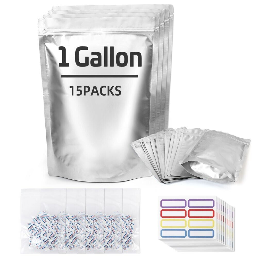 15PCS Resealable Food MYLAR Storage Bags 1 Gallon With 300CC Oxygen Absorbers