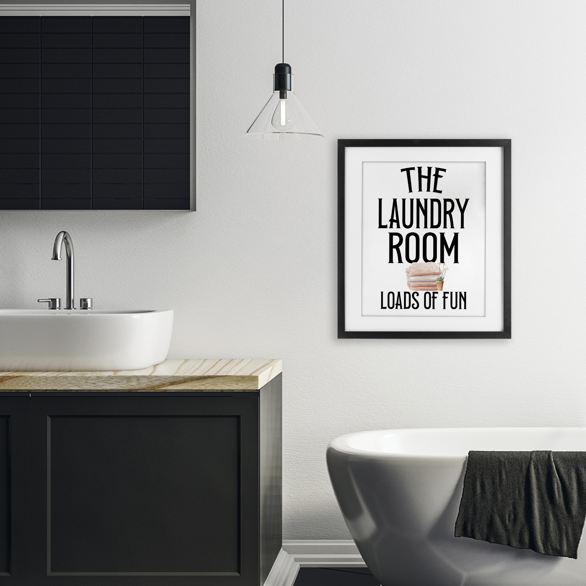 Laundry Room Fun Minimal Black Framed Print Under Glass, design by Kim Allen