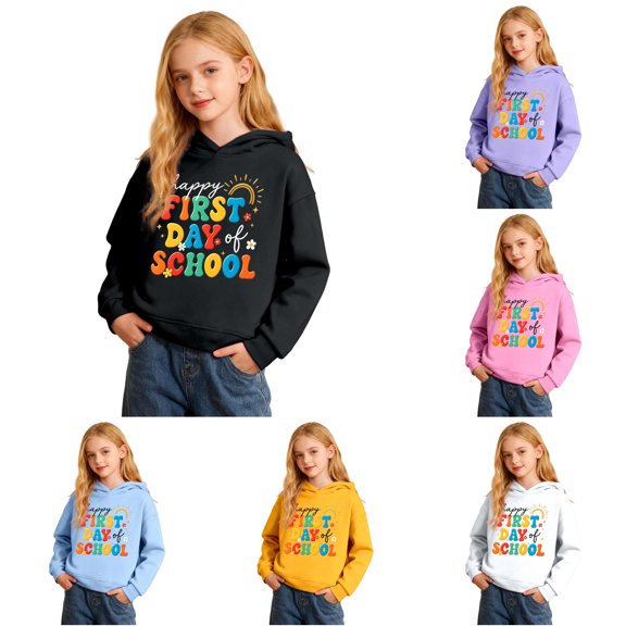 XAOFW Girls Back To School Hoodies Long Sleeve Letter Print Hooded Sweatshirt Loose Fit Pullover Hoodies For First Day Of School Comfortable Tops 3-4 Years