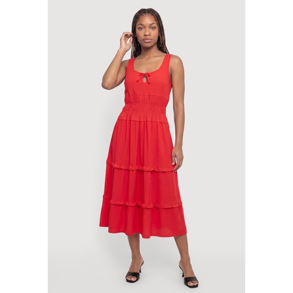 Women's Smocked Waist Ruffle Trim Midi Dress
