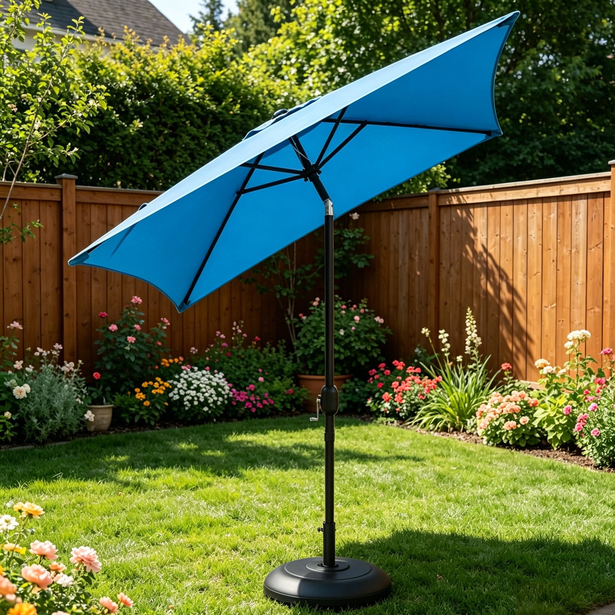 Kool 6.5 ft Square Outdoor Patio Market Umbrella with Push Button Tilt and Crank Handle, Aqua