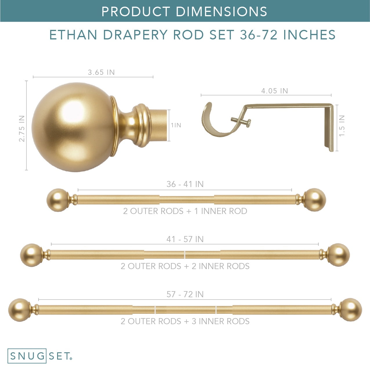 SnugSet 1" Golden Brass Ethan Ball Adjustable Single Curtain Rod, 36"-72"