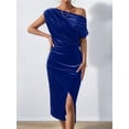 thumbnail image 4 of Women'S Off the Shoulder Asymmetrical Velvet Midi Dress Short Sleeve Ruched Elegant Party Dresses Blue S, 4 of 8