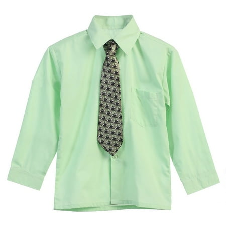 Boys Pastel Green Tie Long Sleeve Button Special Occasion Shirt