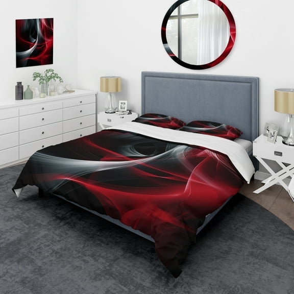 Designart "Contemplative Abstraction in Red and Black (X)" Modern Waves Bedding Covert Set - Abstract Modern Waves Red Abstract Bed Set With 2 Shams