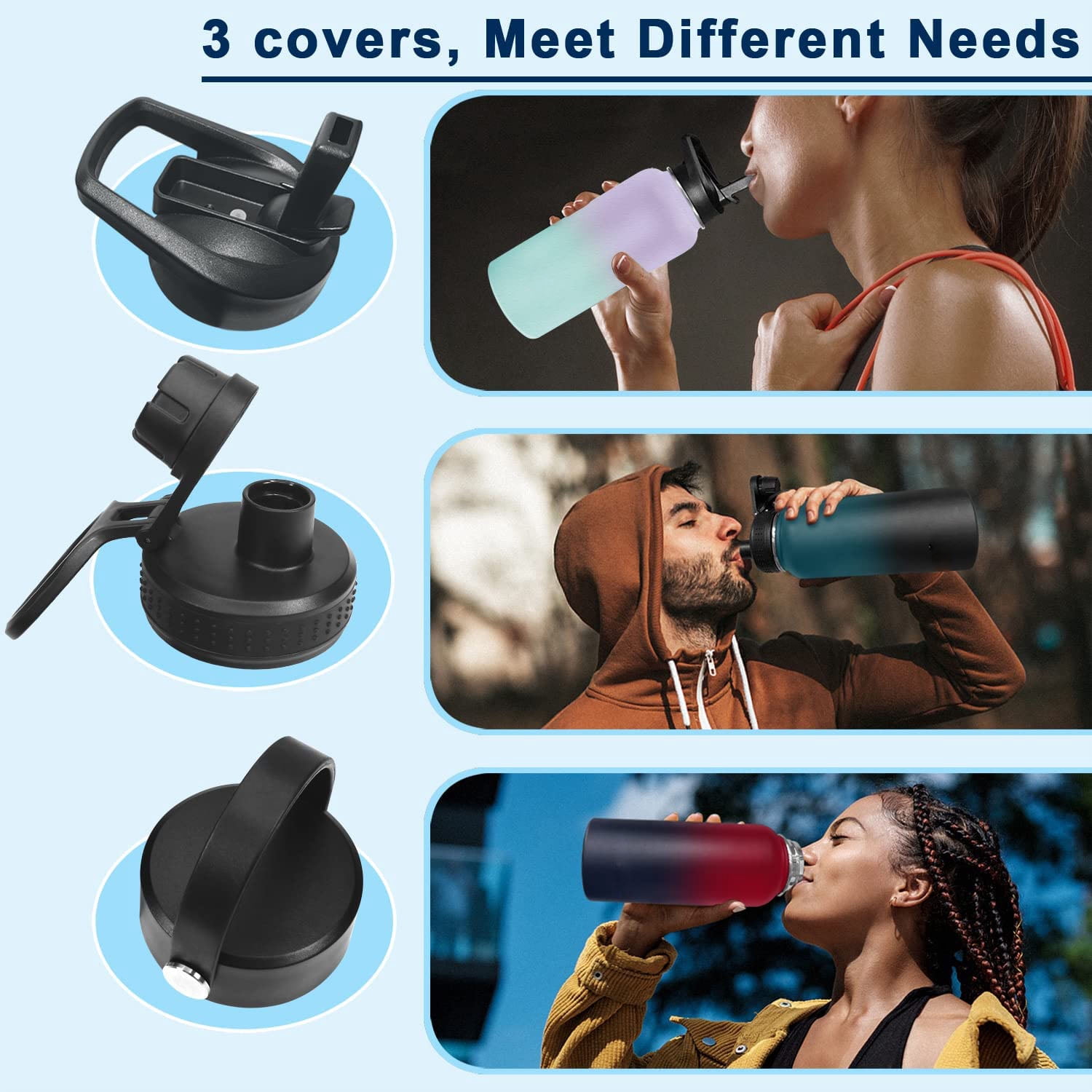 32 oz Insulated Metal Water Bottle, Stainless Steel Double Wall Vacuum Wide Mouth Sport Water Bottle With Straw, 3 Leak Proof Lids, 1 Tube Brush, BPA-Free