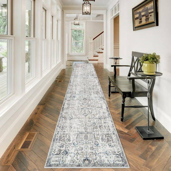 12 FT Washable Runner Rug for Hallway Kitchen, Non Slip Vintage Farmhouse Carpet, Soft Indoor Floor Mat for Living Room Bedroom, Gray