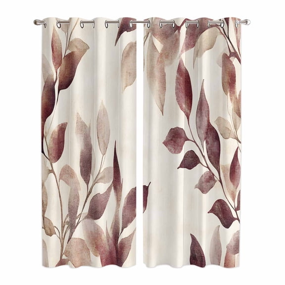 Eucalyptus Leaves Kitchen Curtains 84 Inch Length, Brown Spring Botanical Aesthetic Grommet Top Bedroom Living Room Curtains, Light Filtering Cafe Curtain Drapes 2 Panels Set 84''x84''