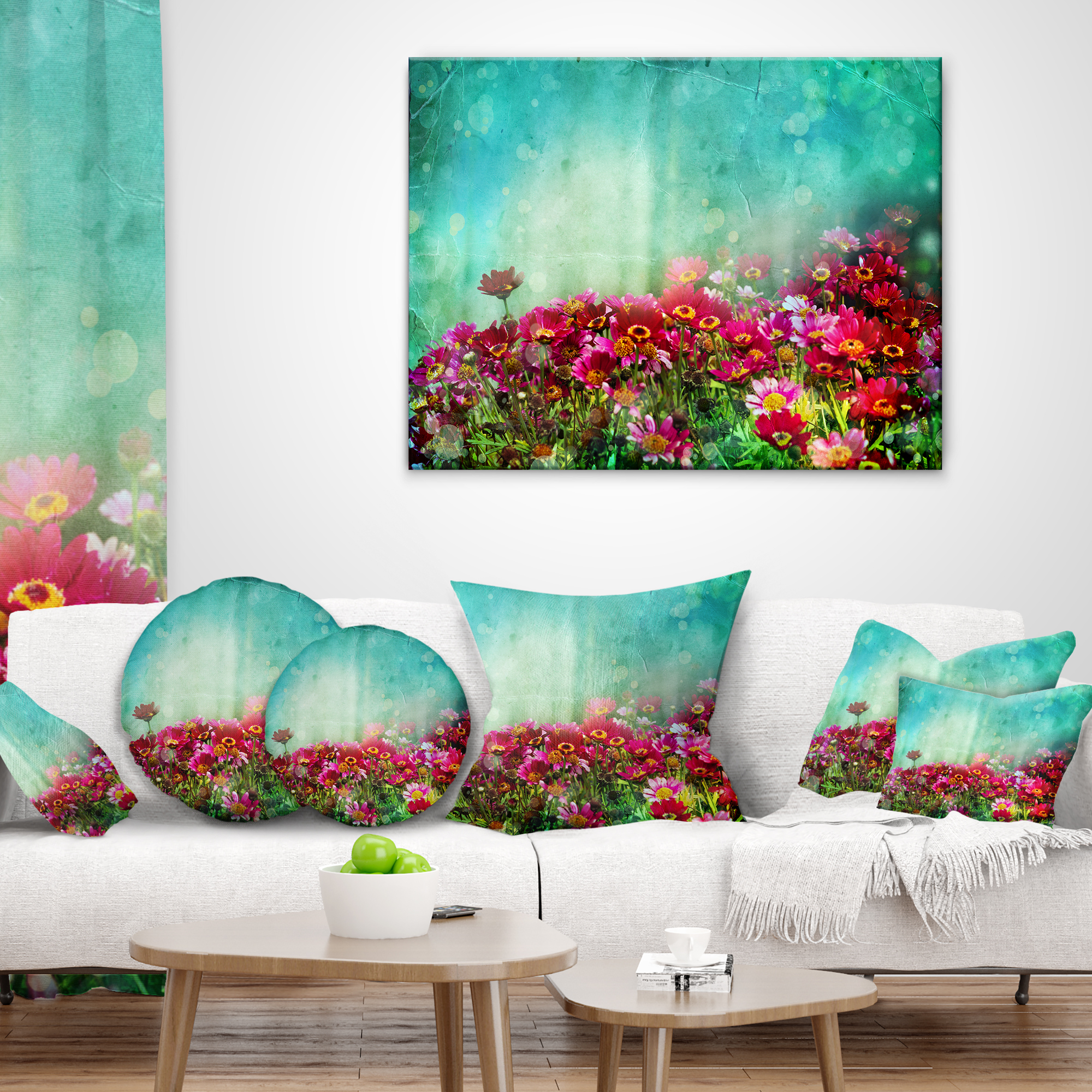 Designart Little Red and Pink Flowers on Blue - Floral Throw Pillow - 16x16
