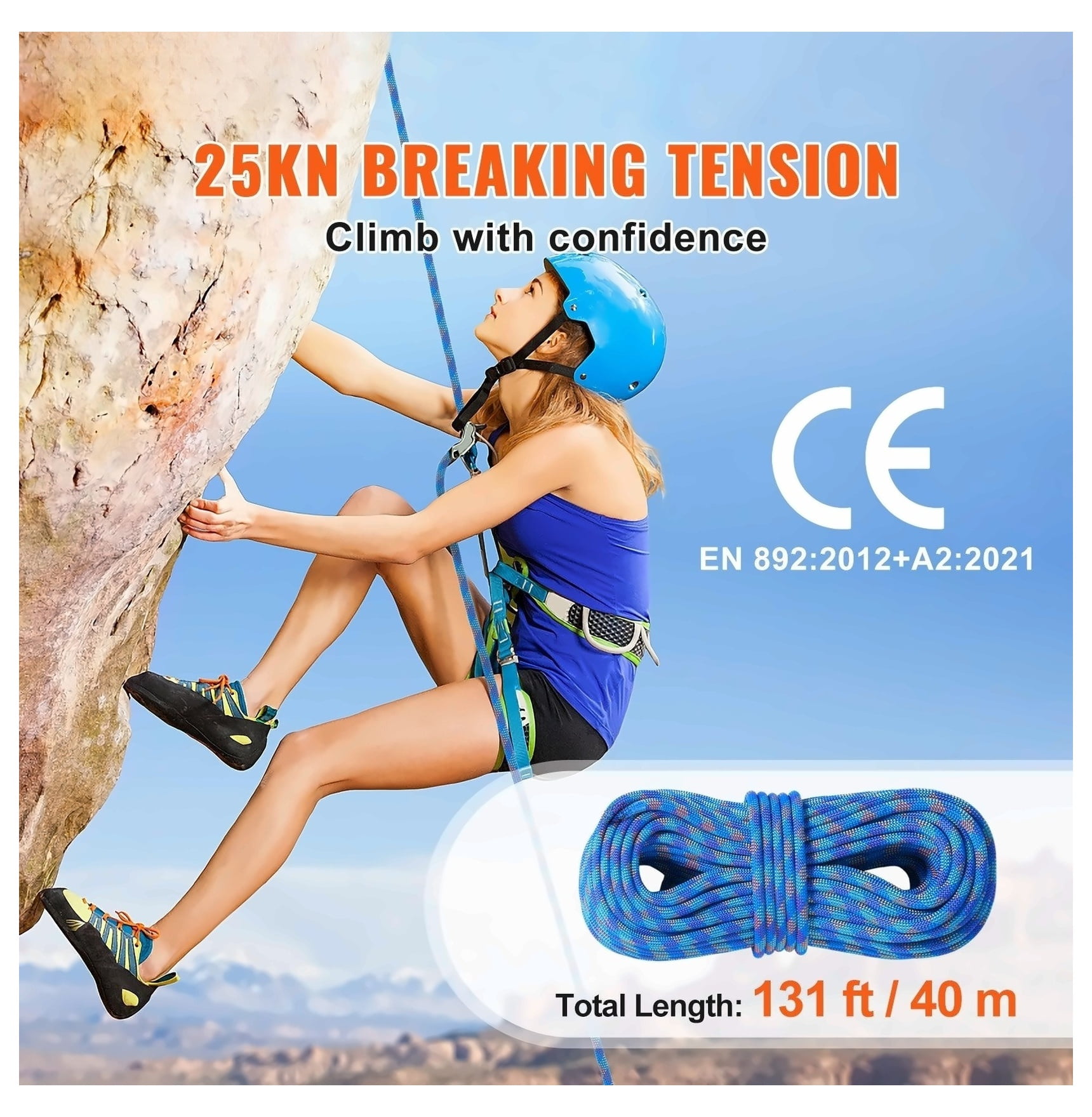 10.2mm Climbing Rope 40M (131ft), Dynamic Rock Climbing Rope 25KN, with Steel Hooks for Rappelling, Rescue, Hiking - Blue