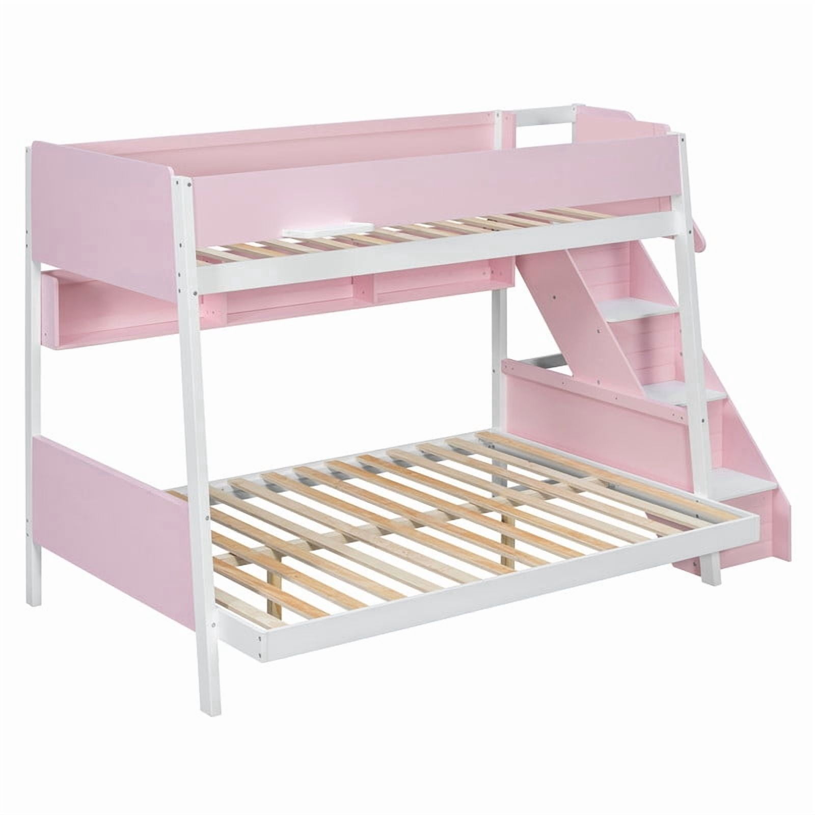 Twin over Full Bunk Bed with Striped-Design Staircase, Kids Teens Wooden Storage Bed Frame with Side Shelves