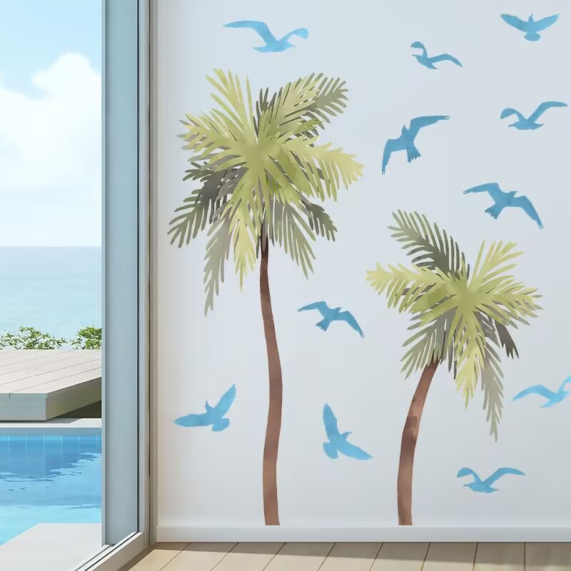 Watercolor coconut tree stickers, plant decals, coconut tree wall stickers, children's room stickers, bathroom waterproof decals, door, living room, TV wall decals Peel and Stick