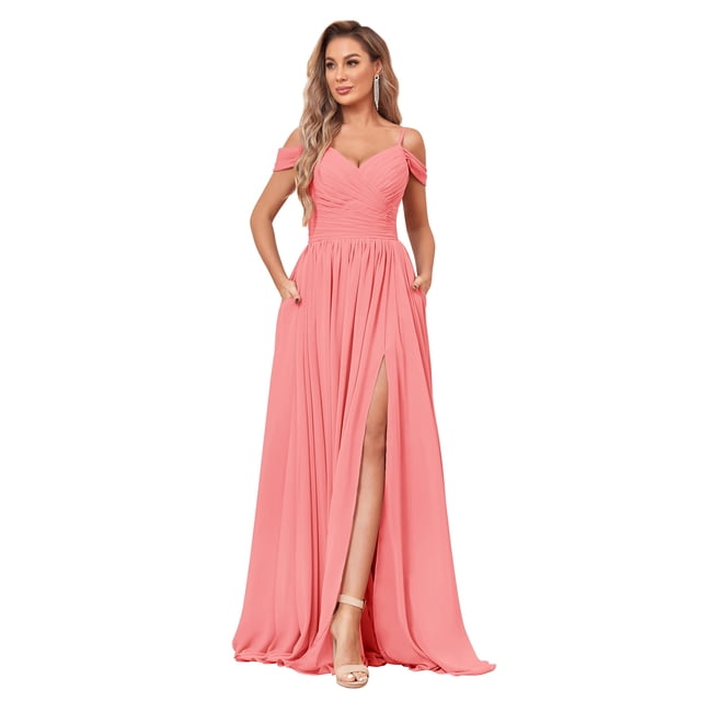 Vestido de dama de honor BOLENSYE Junior de chifón con hombros descubiertos, color coral