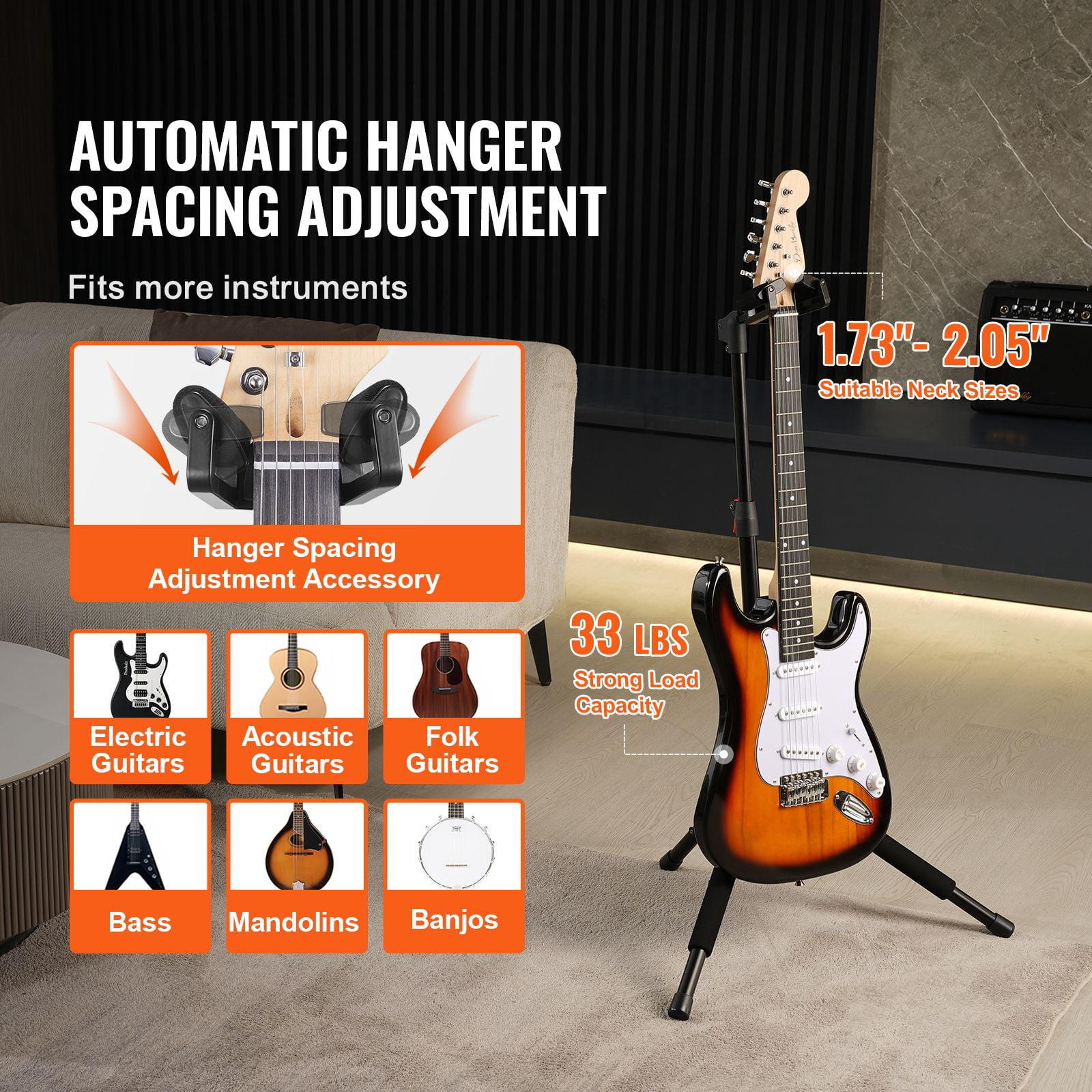 Floor-Standing Tripod Guitar Stand with Gravity Auto-Lock, Adjustable Height 35.4"-47.2", Foldable Design, Universal Fit for Acoustic, Electric & Bass Guitars