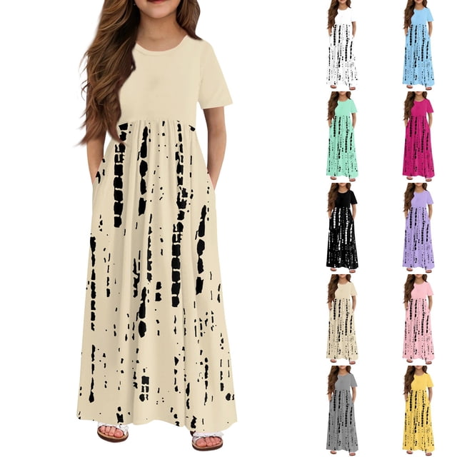 Girls 2025 Summer Dresses Short Sleeve Casual Maxi Dress Soft Print Comfortable and Stylish for All Seasons ,Sie:120