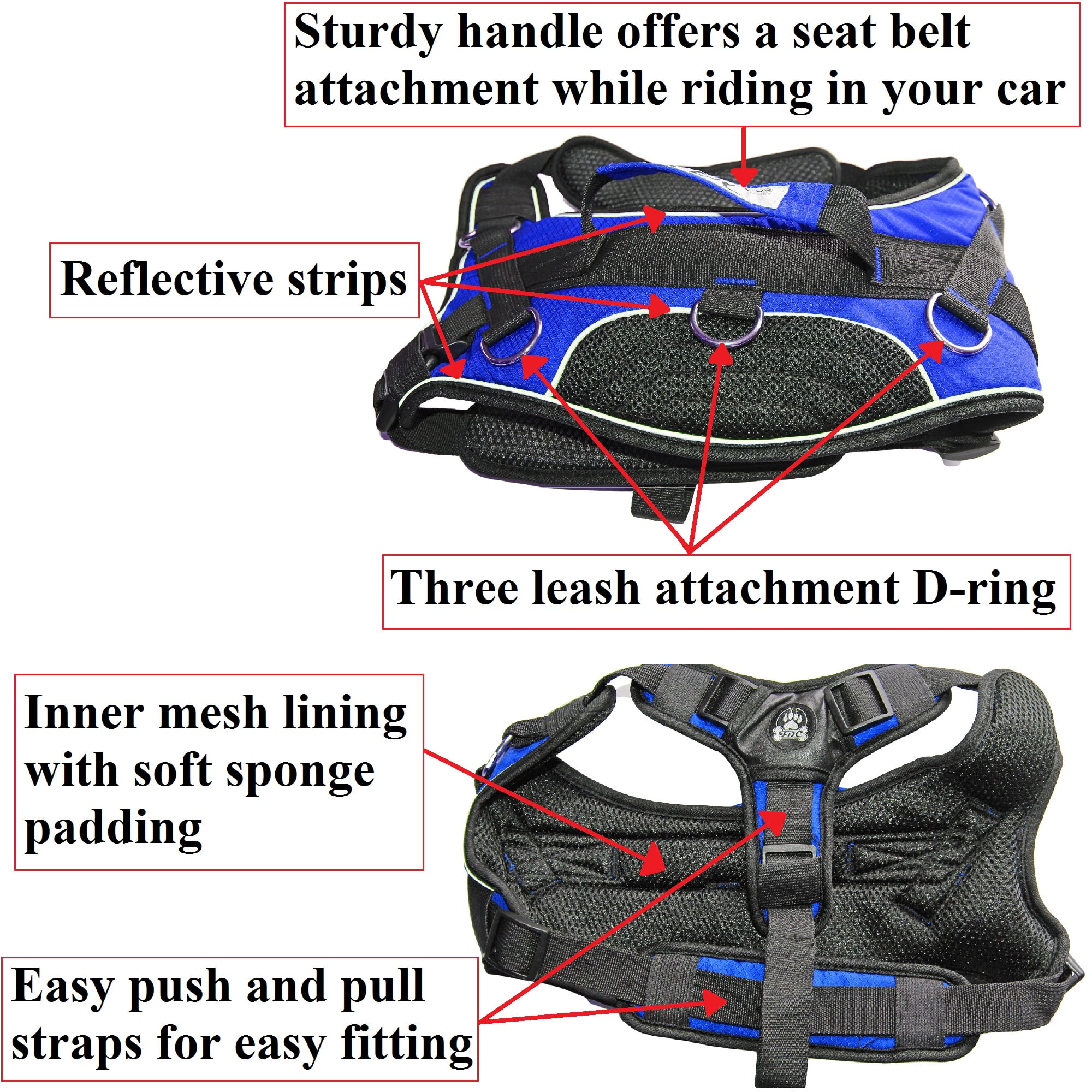 Durable Heavy Duty Padded No-Pull Dog Harness Handle Reflective Black Sz Medium (chest 18" - 22")