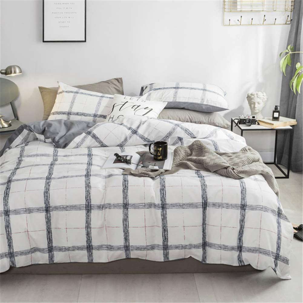 White Plaid Duvet Covers Grid Queen Black And White Bedding Cover Cotton Large Plaid Checkered Covers White Geometric Square Bedding Sets Women Men Teens Dorm Duvet Cover Soft Durable No Insert
