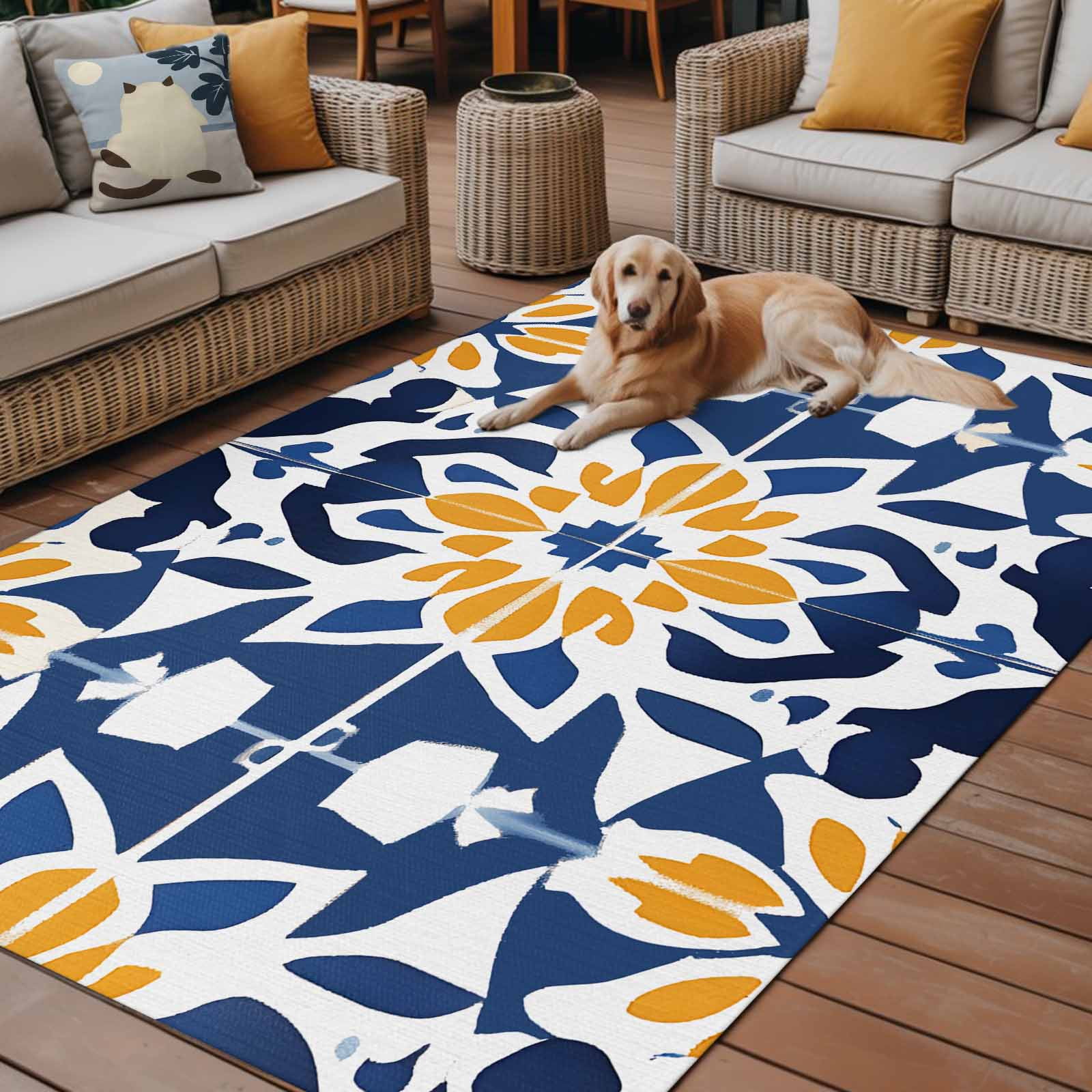 Fsddascl Blue Morocco Outdoor Rug for Patio/Deck/Porch, Non-Slip Large Area Rug 4 x 6 Ft, Boho Geometric Antique Oriental Pattern Indoor Outdoor Rugs Washable Area Rugs, Camping Rug Carpet