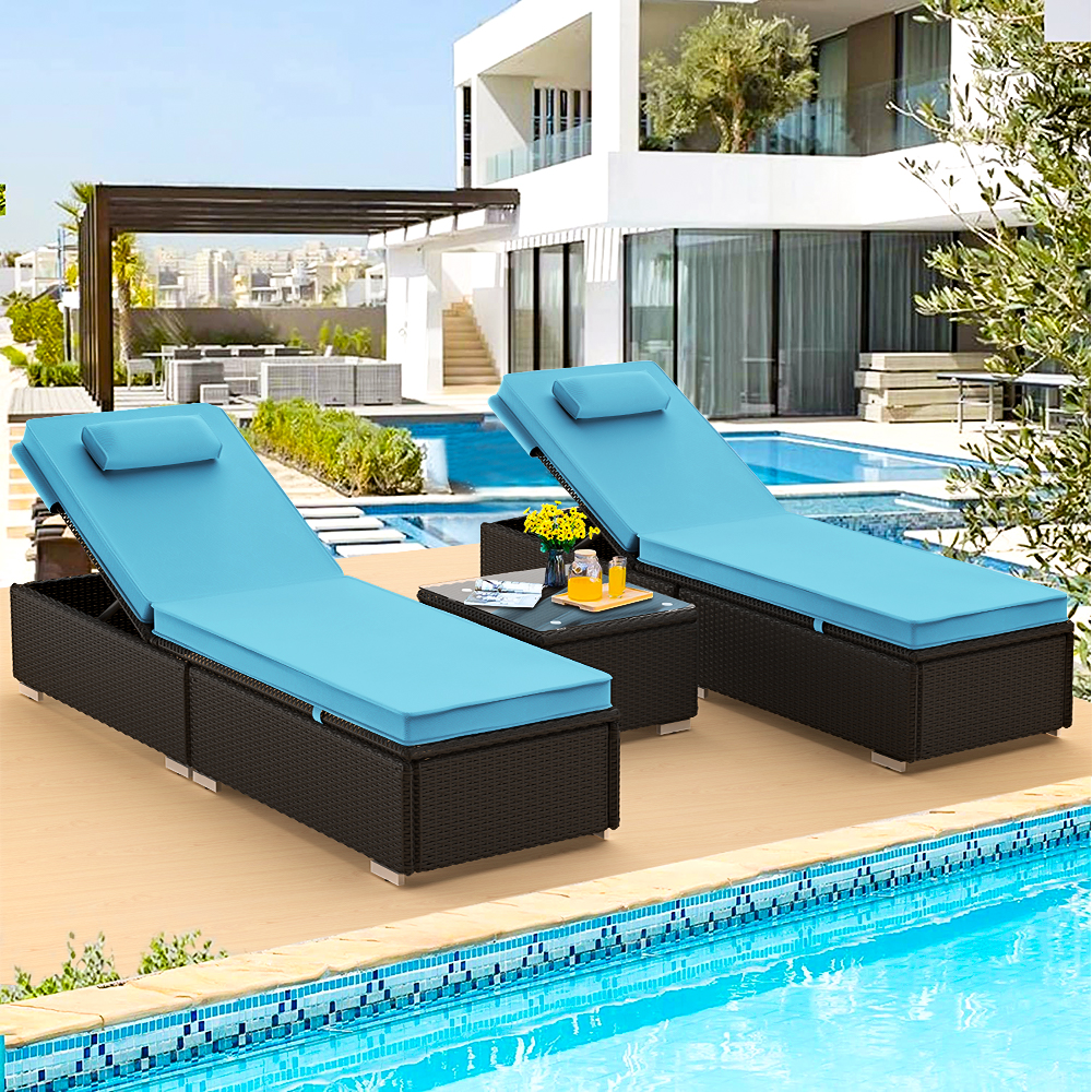 Set of 3 Rattan Chaise Lounge Chairs with Side Table, Outdoor Reclining Chairs Set W/Adjustable Backrest and Removable Cushions, Chaise Lounge Furniture Set for Poolside Beach Garden Patio, B299 - image 2 of 9