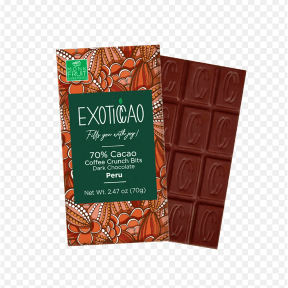 EXOTICCAO 8 Pack Coffee Crunch Bits Dark Chocolate Bars - No sugar added|Gluten Free, Dairy Free, Vegan, Keto Friendly, Plant Based, Non-GMO | 70% Cacao | 2.47 oz Each (8)