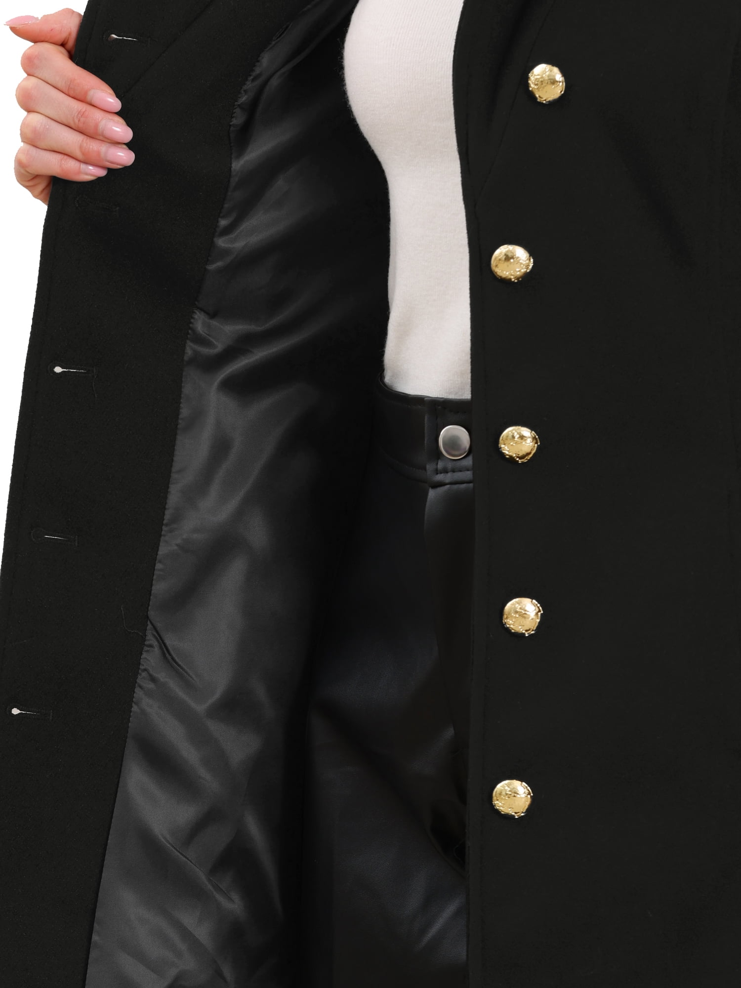 DARING DIVA Women's Stand Collar Belted Single Breasted Trench Pea Coat S Black