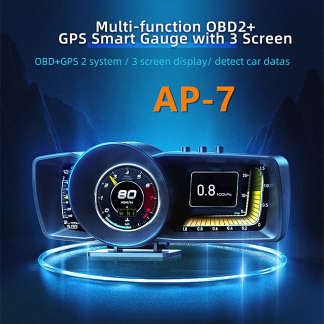 AP-7 OBD GPS Smart Gauge HUD Display with Alarm Ambient Light LCD OBD2 GPS Speedometer for Cars