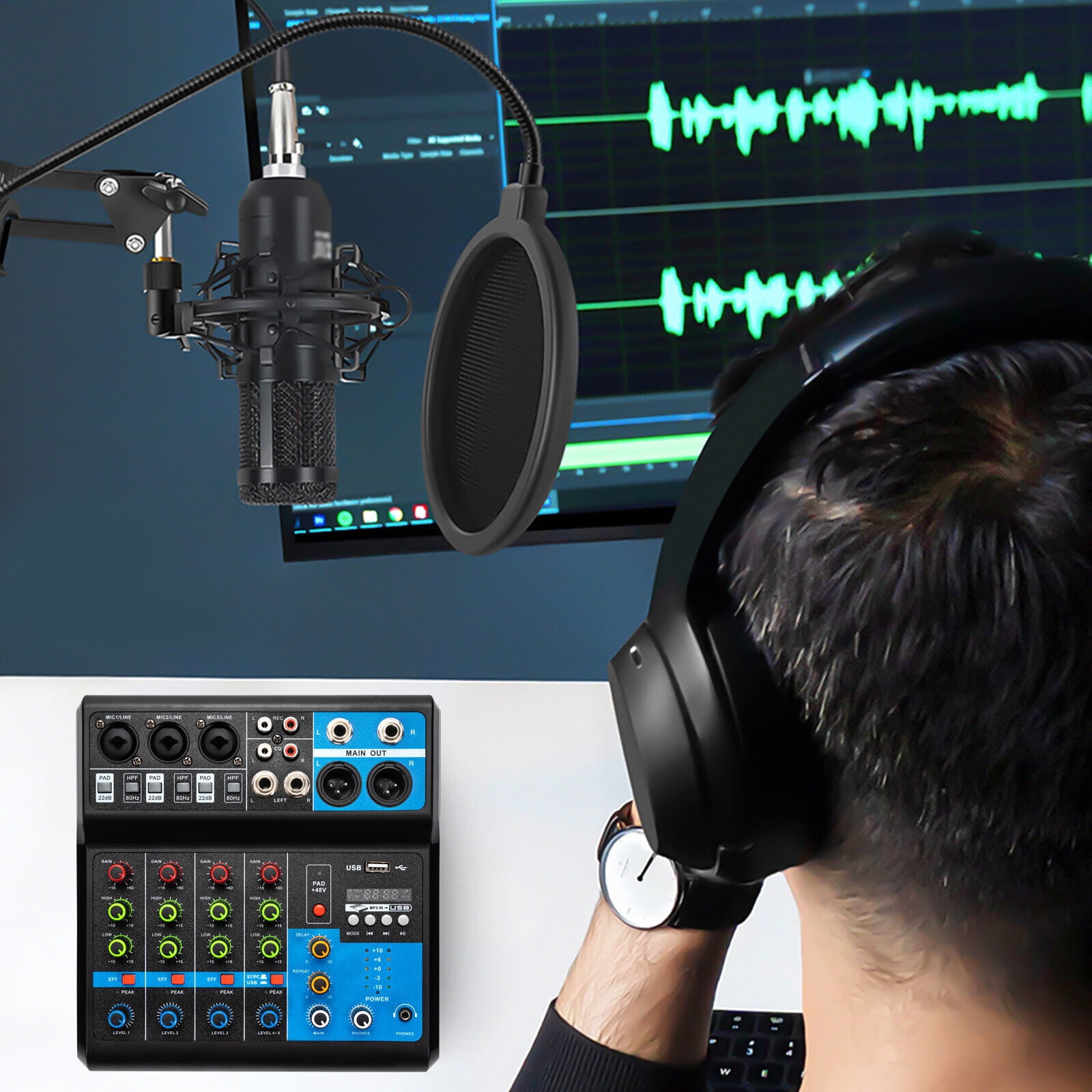 5 Channel Mini Audio Mixer Bluetooth USB DJ Console +Sound Card Studio Recording 5 Channel Mixing Console Live Studio Audio DJ Mixer Sound Board USB Interface