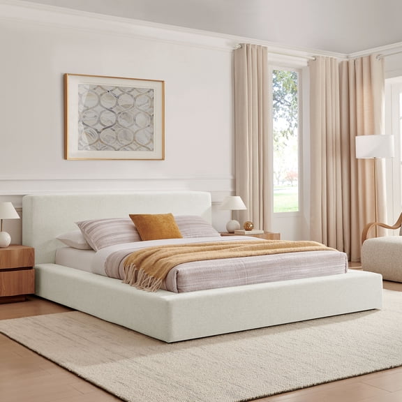Luma Chenille Upholstered King Platform Bed Frame in Ivory Fabric