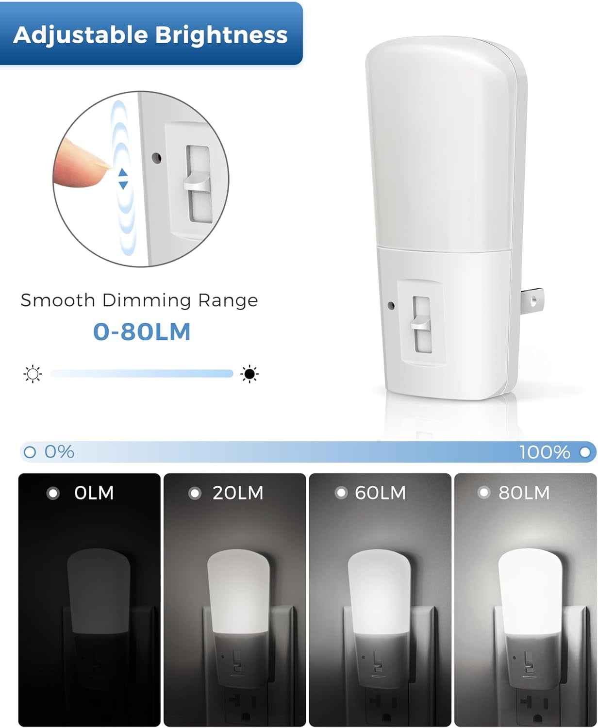 Dimmable Night Light[2 Pack], Plug in Night Lights with Dusk to Dawn Sensor, Daylight 5000k from 5-80 LM Brightness Adjustable, Bright Mini Wall Nightlight for Kids Room, Stairway