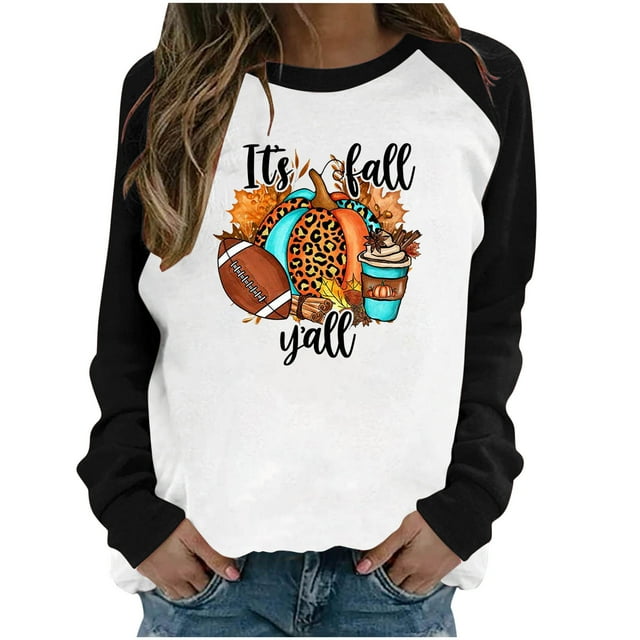 Penkiiy Chandail en Molleton pour Femmes C'est l'Automne Col Rond Imprimé Chandail Manches Longues Blouse Blanche Vêtements Y2K