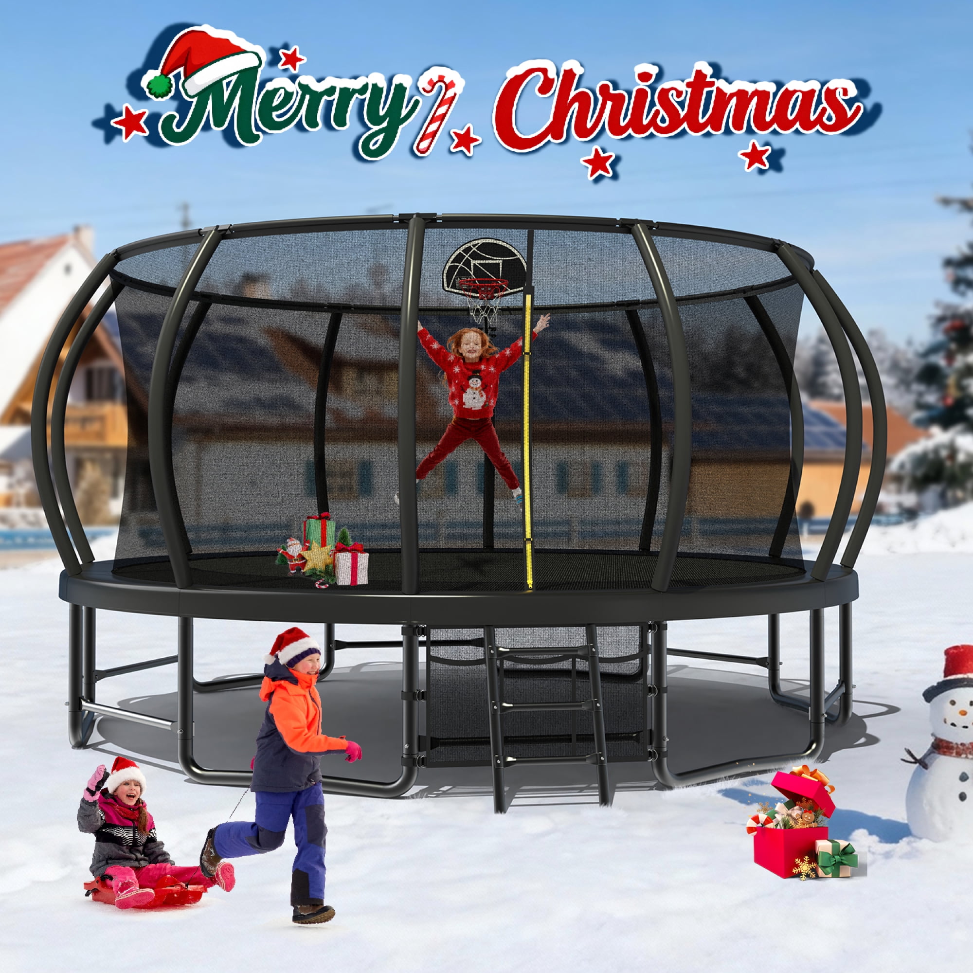 16FT Trampoline for Kids and Adults,Outdoor Pumpkin Trampolines with Curved Poles,Heavy Duty Trampoline with Ladder and Basketball Hoop,Black