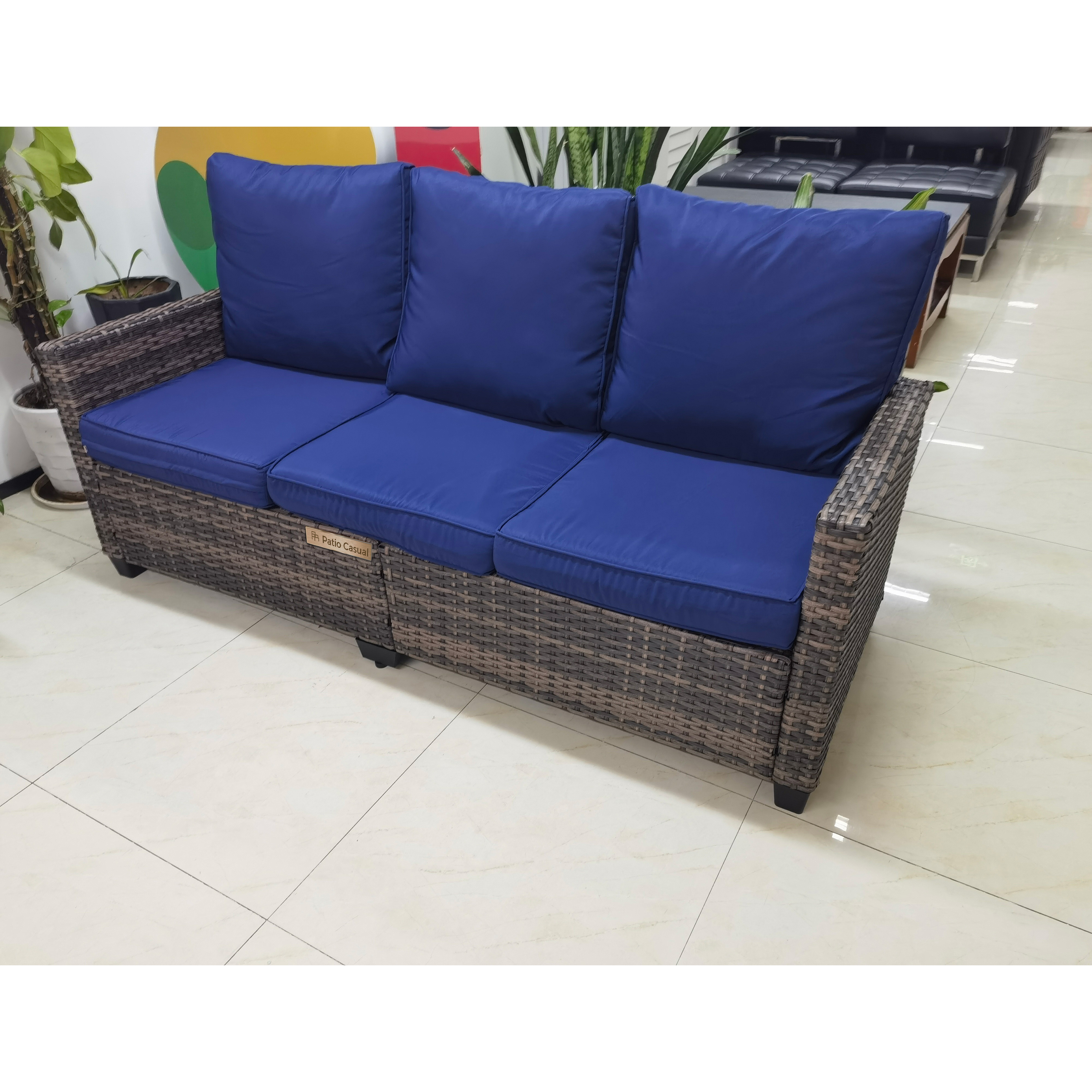 3-Seat All-Weather Outdoor Rattan Sofa with High Back, Premium Brown Wicker and Navy Blue Cushions for Garden